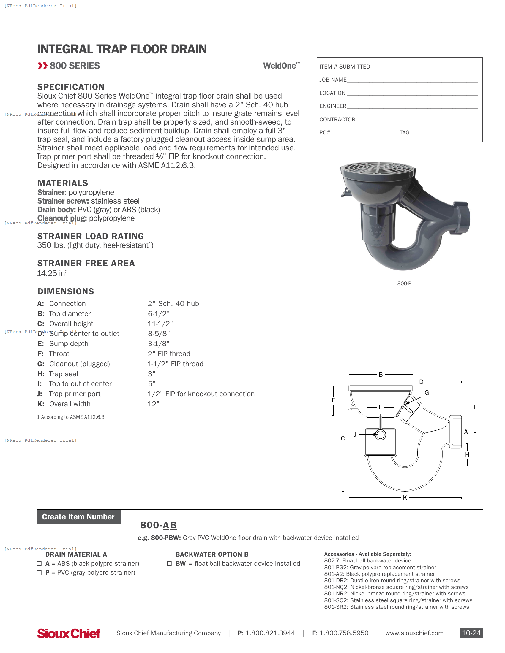800 SERIES - WELDONE FLOOR DRAIN - SPEC SHEET.PDF Specification Document